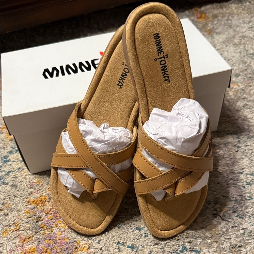 Minnetonka Tan Crisscross Slide Sandals